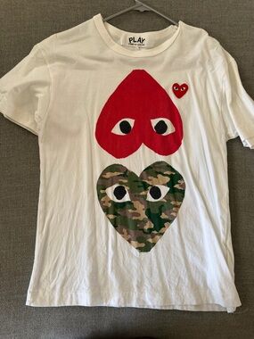 Comme des Garcons  White Tee with Red and Camo Heart Motifs